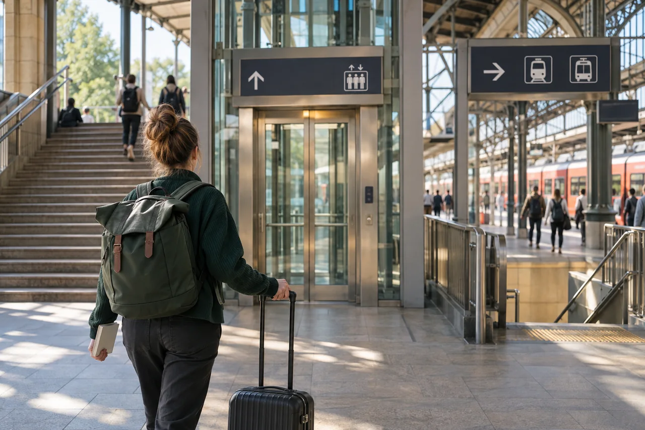Reisende prüft den Weg zwischen Treppe, Aufzug und Bahnsteig