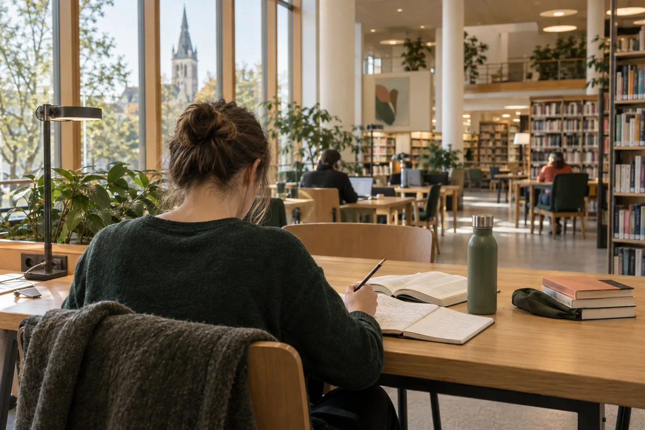 Besucherin prüft einen hellen Bibliotheksarbeitsplatz mit Notizbuch und Büchern