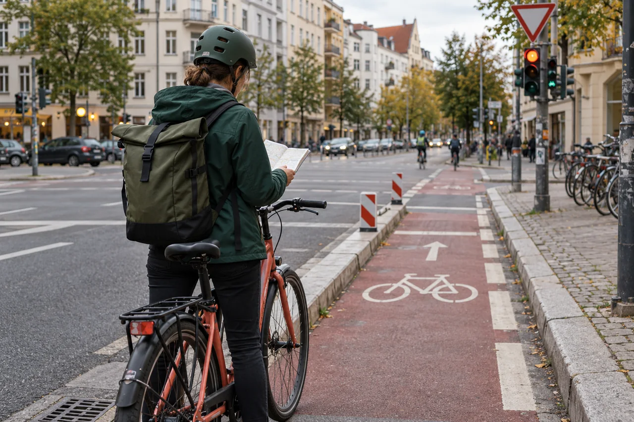 Radfahrerin prüft an einer städtischen Kreuzung Fahrbahn, Übergang und Abstellmöglichkeiten