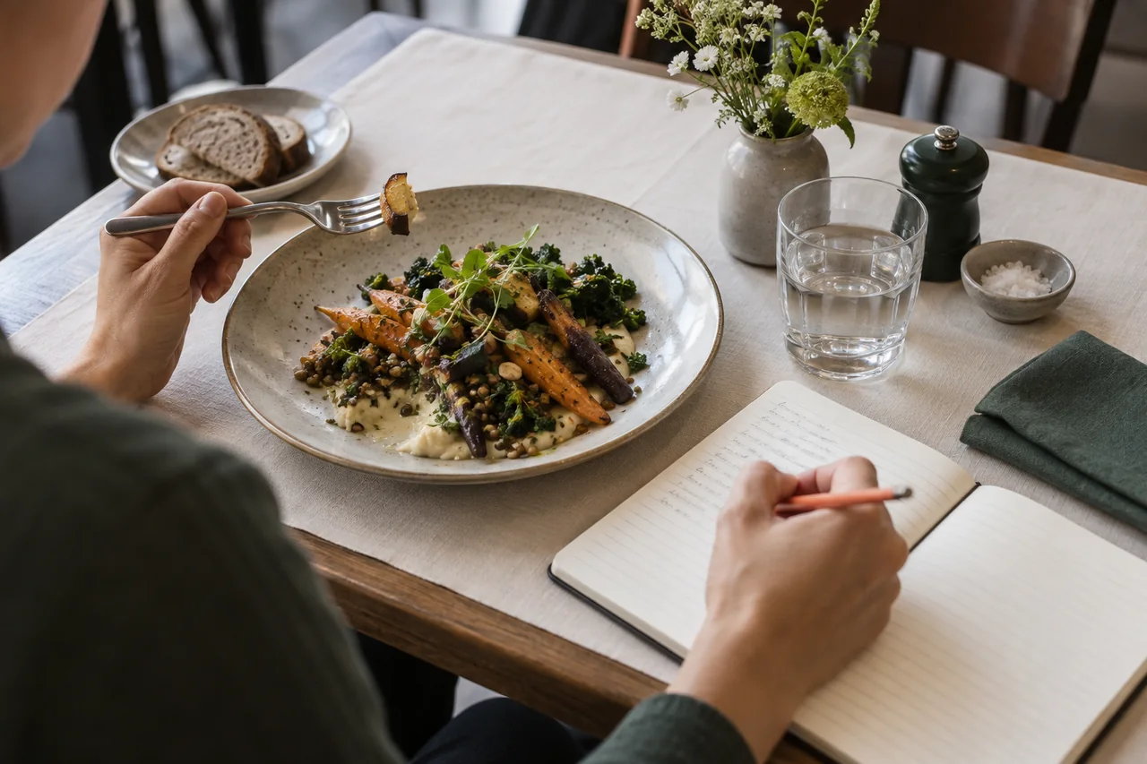 Restaurantgericht und Notizbuch während einer sorgfältigen Beobachtung
