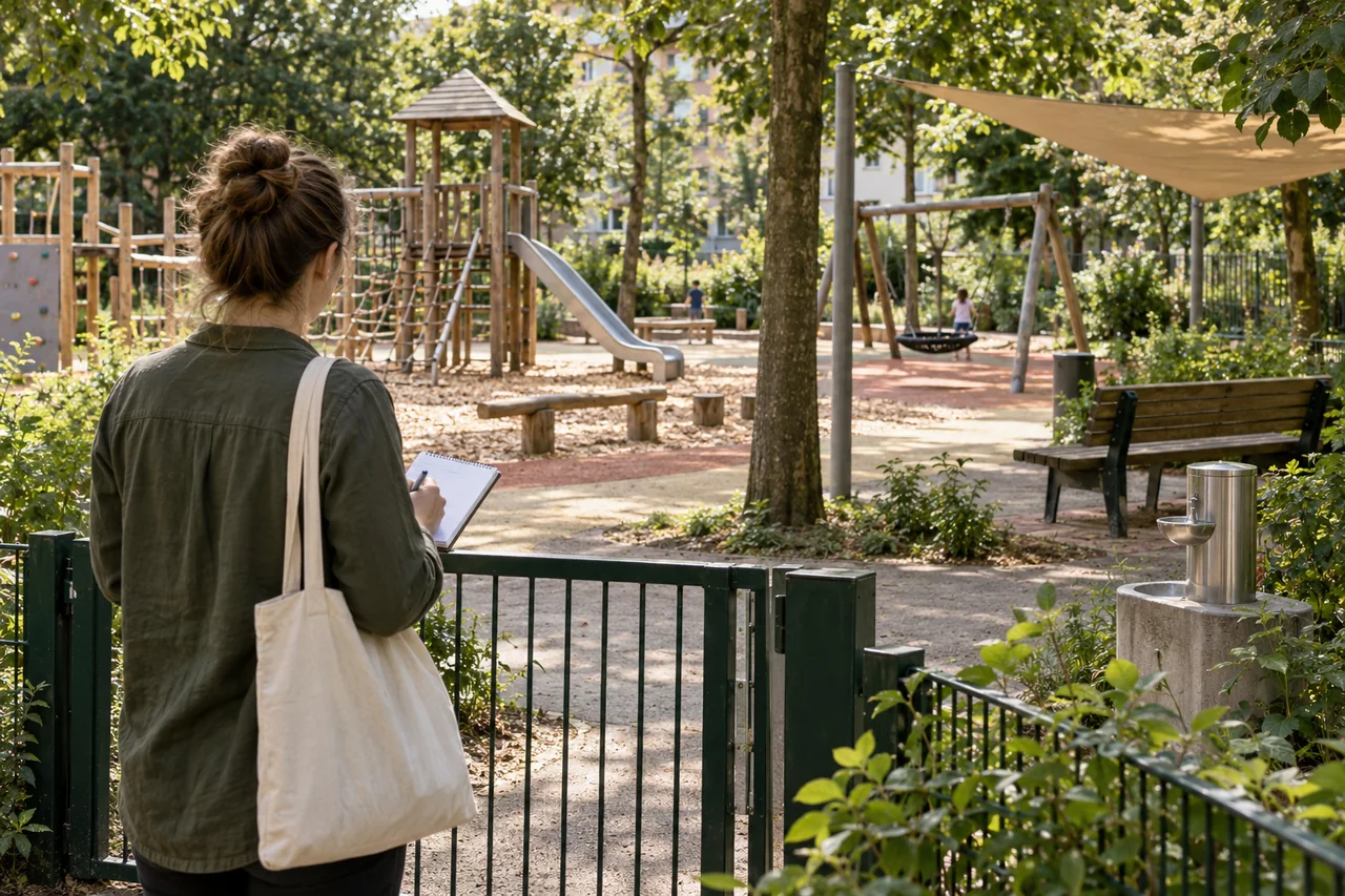 Beobachterin prüft Eingang, Spielgeräte, Schatten und Sitzplätze eines Stadtteilspielplatzes